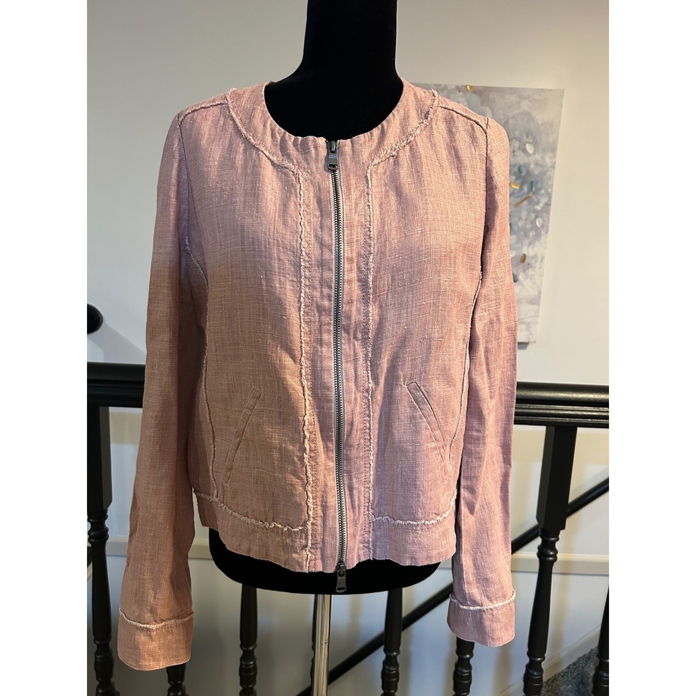 Bandolera Women Pink Linen Cotton Metallic Zip Front Raw Edge Jacket Size UK 16